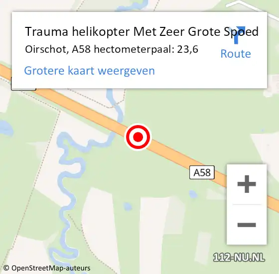 Locatie op kaart van de 112 melding: Trauma helikopter Met Zeer Grote Spoed Naar Oirschot, A58 hectometerpaal: 23,6 op 29 september 2024 01:58