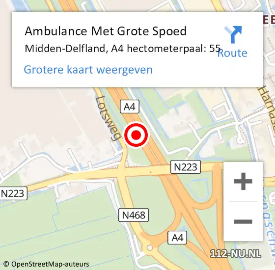 Locatie op kaart van de 112 melding: Ambulance Met Grote Spoed Naar Midden-Delfland, A4 hectometerpaal: 55 op 29 september 2024 03:08