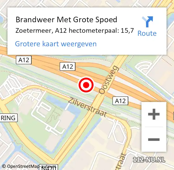 Locatie op kaart van de 112 melding: Brandweer Met Grote Spoed Naar Zoetermeer, A12 hectometerpaal: 15,7 op 29 september 2024 05:24