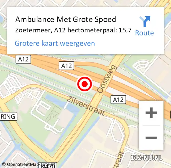 Locatie op kaart van de 112 melding: Ambulance Met Grote Spoed Naar Zoetermeer, A12 hectometerpaal: 15,7 op 29 september 2024 05:26