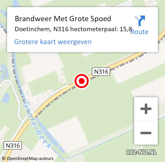 Locatie op kaart van de 112 melding: Brandweer Met Grote Spoed Naar Doetinchem, N316 hectometerpaal: 15,8 op 29 september 2024 06:45