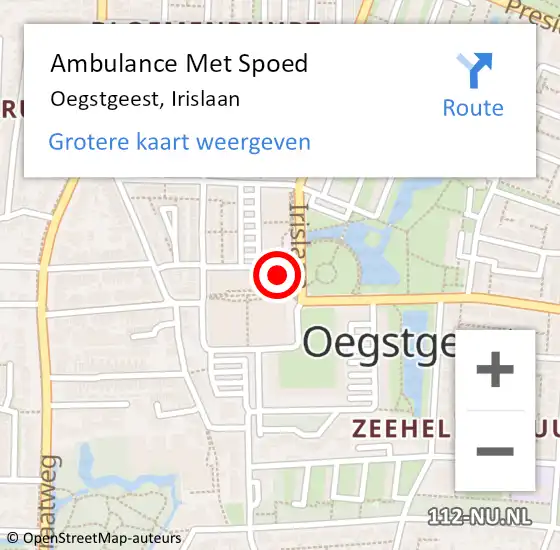 Locatie op kaart van de 112 melding: Ambulance Met Spoed Naar Oegstgeest, Irislaan op 29 september 2024 09:57