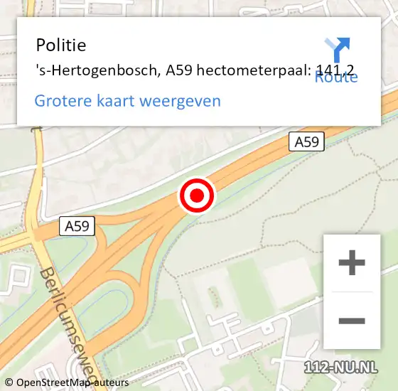 Locatie op kaart van de 112 melding: Politie 's-Hertogenbosch, A59 hectometerpaal: 141,2 op 29 september 2024 11:46