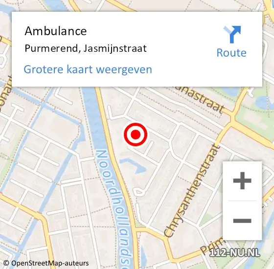 Locatie op kaart van de 112 melding: Ambulance Purmerend, Jasmijnstraat op 29 september 2024 11:57