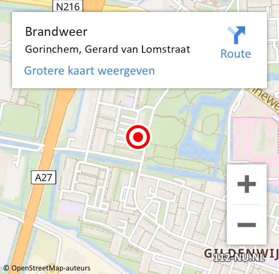 Locatie op kaart van de 112 melding: Brandweer Gorinchem, Gerard van Lomstraat op 29 september 2024 13:15