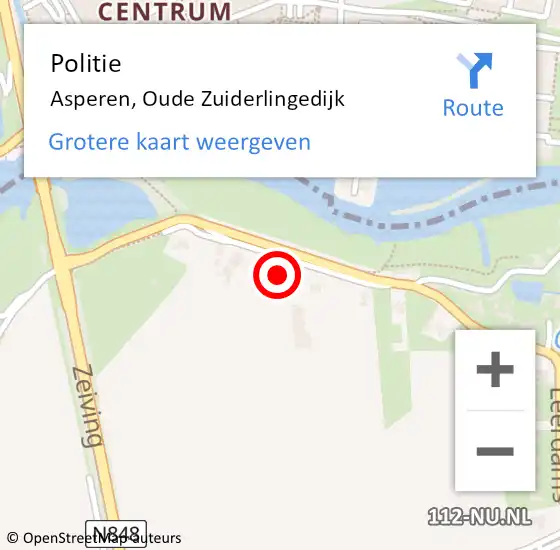 Locatie op kaart van de 112 melding: Politie Asperen, Oude Zuiderlingedijk op 29 september 2024 17:45