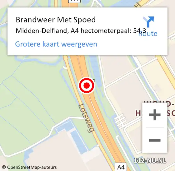 Locatie op kaart van de 112 melding: Brandweer Met Spoed Naar Midden-Delfland, A4 hectometerpaal: 54,3 op 29 september 2024 18:19