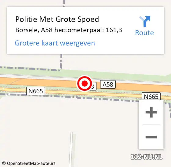 Locatie op kaart van de 112 melding: Politie Met Grote Spoed Naar Borsele, A58 hectometerpaal: 161,3 op 29 september 2024 18:45