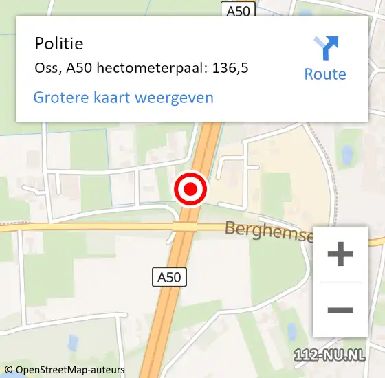 Locatie op kaart van de 112 melding: Politie Oss, A50 hectometerpaal: 136,5 op 29 september 2024 19:54