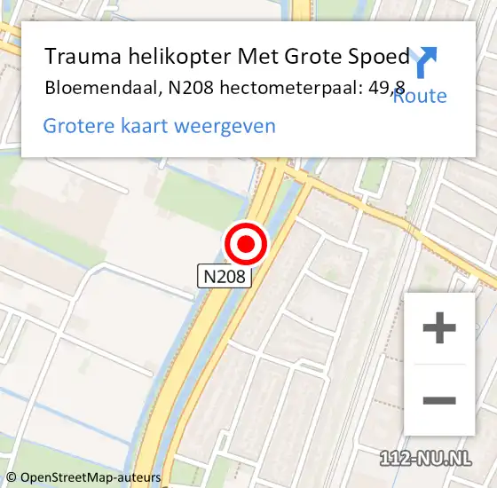 Locatie op kaart van de 112 melding: Trauma helikopter Met Grote Spoed Naar Bloemendaal, N208 hectometerpaal: 49,8 op 29 september 2024 21:53