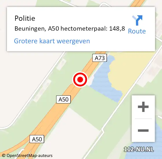 Locatie op kaart van de 112 melding: Politie Beuningen, A50 hectometerpaal: 148,8 op 29 september 2024 22:23