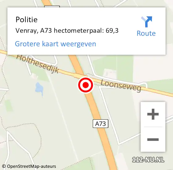 Locatie op kaart van de 112 melding: Politie Venray, A73 hectometerpaal: 69,3 op 30 september 2024 06:11