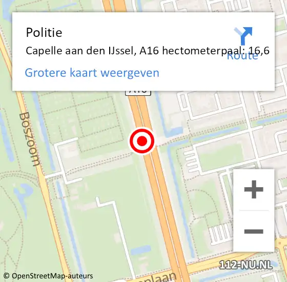 Locatie op kaart van de 112 melding: Politie Capelle aan den IJssel, A16 hectometerpaal: 16,6 op 30 september 2024 06:36