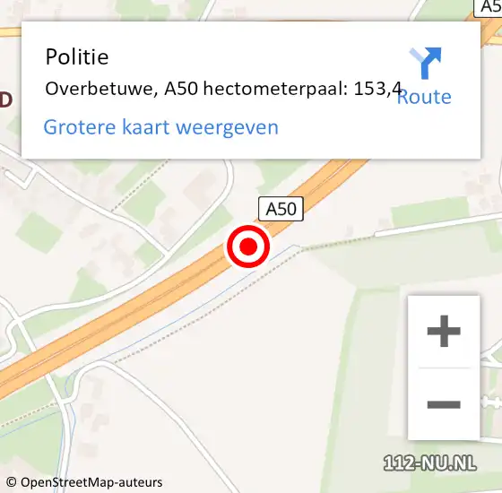 Locatie op kaart van de 112 melding: Politie Overbetuwe, A50 hectometerpaal: 153,4 op 30 september 2024 06:38