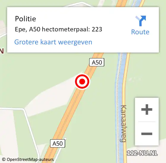 Locatie op kaart van de 112 melding: Politie Epe, A50 hectometerpaal: 223 op 30 september 2024 08:30