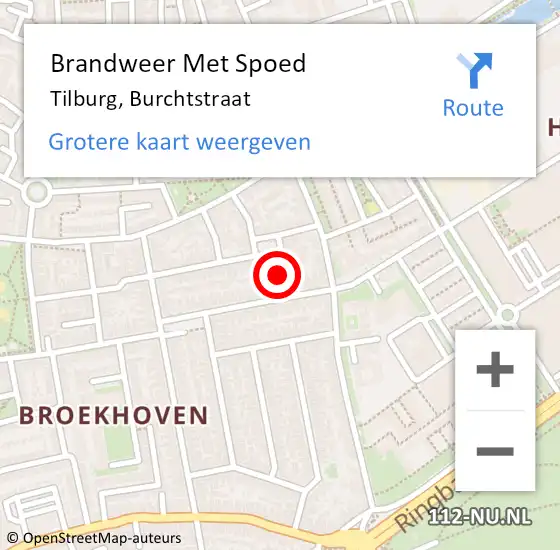 Locatie op kaart van de 112 melding: Brandweer Met Spoed Naar Tilburg, Burchtstraat op 30 september 2024 09:00