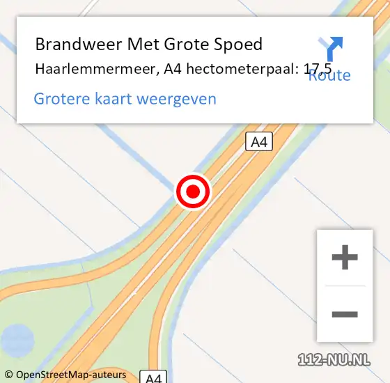 Locatie op kaart van de 112 melding: Brandweer Met Grote Spoed Naar Haarlemmermeer, A4 hectometerpaal: 17,5 op 30 september 2024 10:23