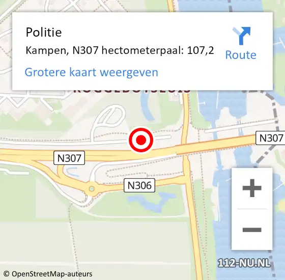 Locatie op kaart van de 112 melding: Politie Kampen, N307 hectometerpaal: 107,2 op 30 september 2024 12:04