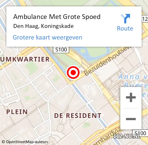 Locatie op kaart van de 112 melding: Ambulance Met Grote Spoed Naar Den Haag, Koningskade op 30 september 2024 12:21