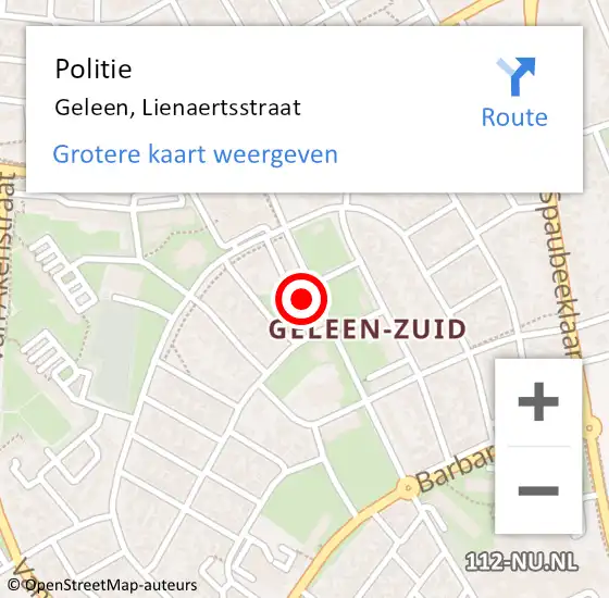 Locatie op kaart van de 112 melding: Politie Geleen, Lienaertsstraat op 30 september 2024 12:42