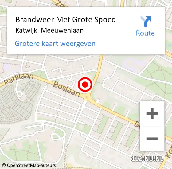 Locatie op kaart van de 112 melding: Brandweer Met Grote Spoed Naar Katwijk, Meeuwenlaan op 30 september 2024 15:28