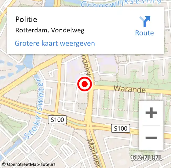 Locatie op kaart van de 112 melding: Politie Rotterdam, Vondelweg op 30 september 2024 15:31