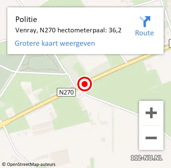 Locatie op kaart van de 112 melding: Politie Venray, N270 hectometerpaal: 36,2 op 30 september 2024 15:56