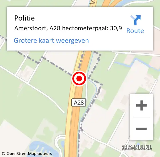 Locatie op kaart van de 112 melding: Politie Amersfoort, A28 hectometerpaal: 30,9 op 30 september 2024 16:18