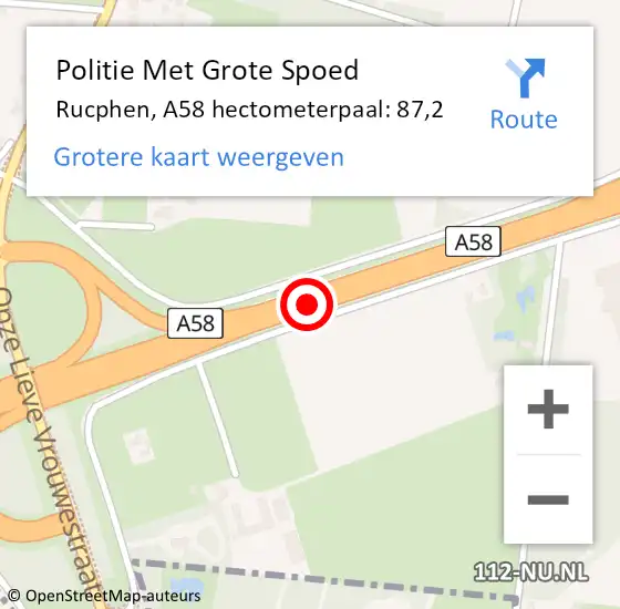 Locatie op kaart van de 112 melding: Politie Met Grote Spoed Naar Rucphen, A58 hectometerpaal: 87,2 op 30 september 2024 17:17