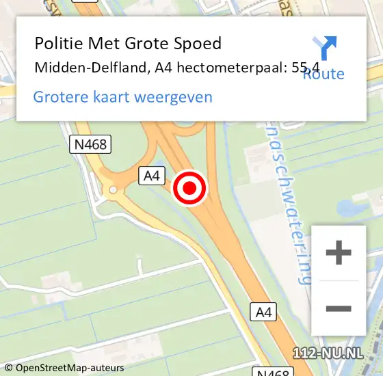 Locatie op kaart van de 112 melding: Politie Met Grote Spoed Naar Midden-Delfland, A4 hectometerpaal: 55,4 op 30 september 2024 17:38