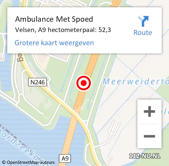 Locatie op kaart van de 112 melding: Ambulance Met Spoed Naar Velsen, A9 hectometerpaal: 52,3 op 30 september 2024 17:47