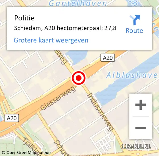 Locatie op kaart van de 112 melding: Politie Schiedam, A20 hectometerpaal: 27,8 op 30 september 2024 18:21