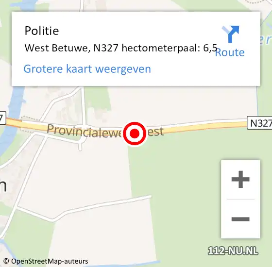 Locatie op kaart van de 112 melding: Politie West Betuwe, N327 hectometerpaal: 6,5 op 30 september 2024 18:43