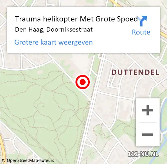 Locatie op kaart van de 112 melding: Trauma helikopter Met Grote Spoed Naar Den Haag, Doorniksestraat op 30 september 2024 19:13