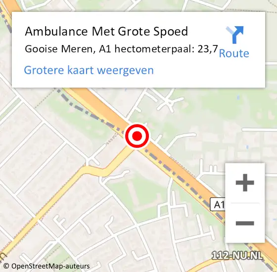 Locatie op kaart van de 112 melding: Ambulance Met Grote Spoed Naar Gooise Meren, A1 hectometerpaal: 23,7 op 30 september 2024 20:19