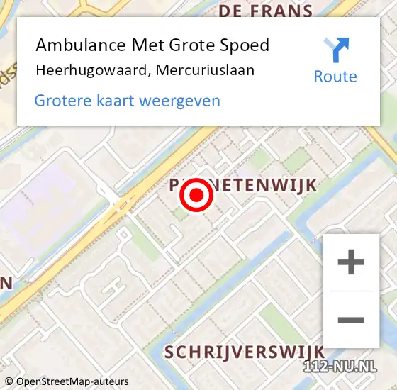 Locatie op kaart van de 112 melding: Ambulance Met Grote Spoed Naar Heerhugowaard, Mercuriuslaan op 30 september 2024 20:54