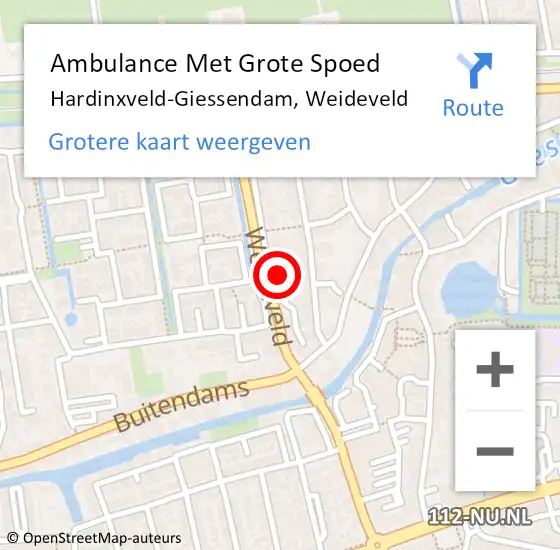 Locatie op kaart van de 112 melding: Ambulance Met Grote Spoed Naar Hardinxveld-Giessendam, Weideveld op 30 september 2024 21:06