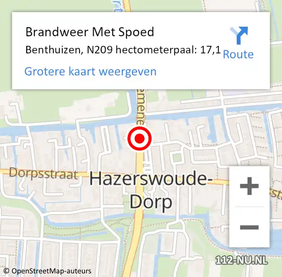 Locatie op kaart van de 112 melding: Brandweer Met Spoed Naar Benthuizen, N209 hectometerpaal: 17,1 op 21 oktober 2014 21:03