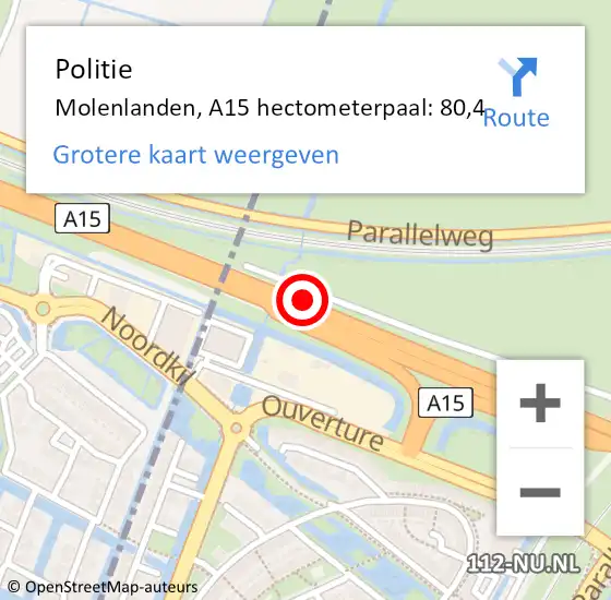 Locatie op kaart van de 112 melding: Politie Molenlanden, A15 hectometerpaal: 80,4 op 30 september 2024 23:06