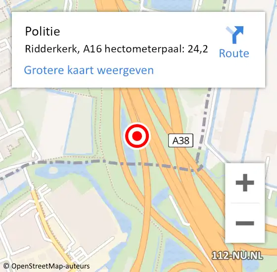 Locatie op kaart van de 112 melding: Politie Ridderkerk, A16 hectometerpaal: 24,2 op 30 september 2024 23:25