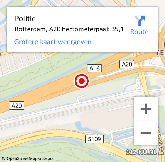 Locatie op kaart van de 112 melding: Politie Rotterdam, A20 hectometerpaal: 35,1 op 1 oktober 2024 03:06