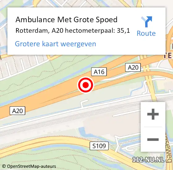 Locatie op kaart van de 112 melding: Ambulance Met Grote Spoed Naar Rotterdam, A20 hectometerpaal: 35,1 op 1 oktober 2024 03:07