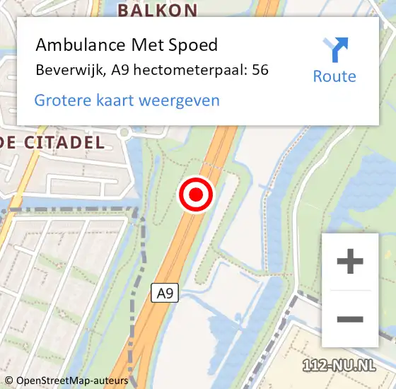 Locatie op kaart van de 112 melding: Ambulance Met Spoed Naar Beverwijk, A9 hectometerpaal: 56 op 1 oktober 2024 06:32