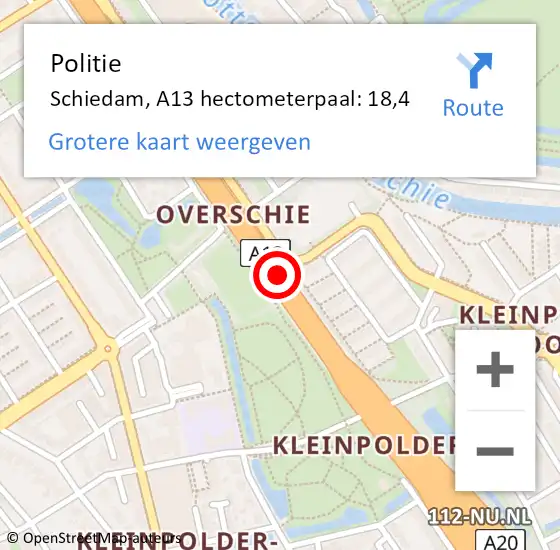 Locatie op kaart van de 112 melding: Politie Schiedam, A13 hectometerpaal: 18,4 op 1 oktober 2024 07:00