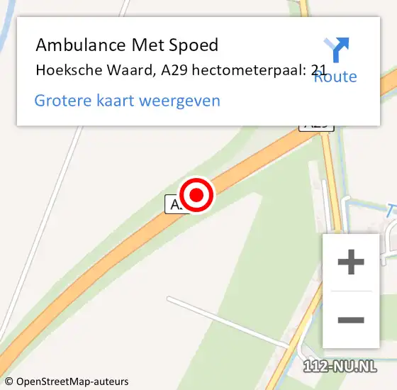 Locatie op kaart van de 112 melding: Ambulance Met Spoed Naar Hoeksche Waard, A29 hectometerpaal: 21 op 1 oktober 2024 07:20