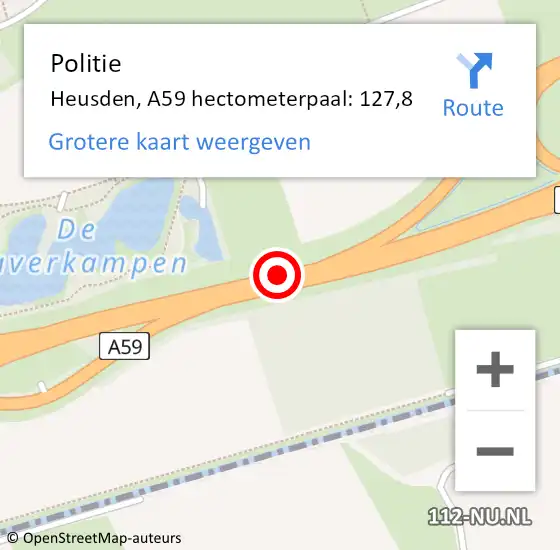 Locatie op kaart van de 112 melding: Politie Heusden, A59 hectometerpaal: 127,8 op 1 oktober 2024 07:26