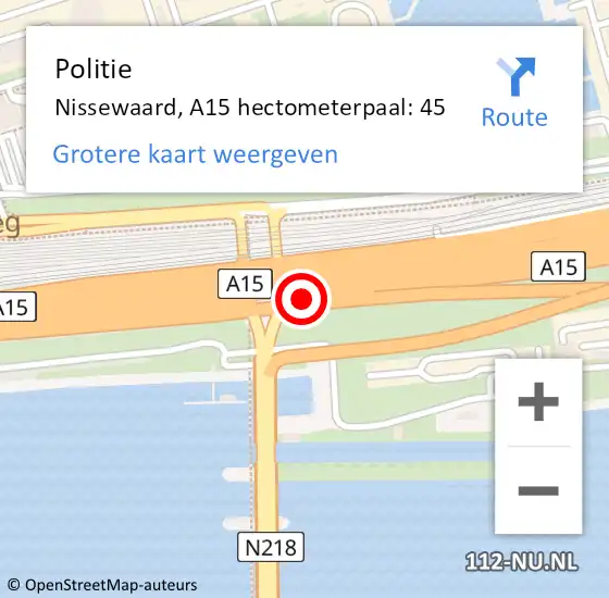 Locatie op kaart van de 112 melding: Politie Nissewaard, A15 hectometerpaal: 45 op 1 oktober 2024 07:36