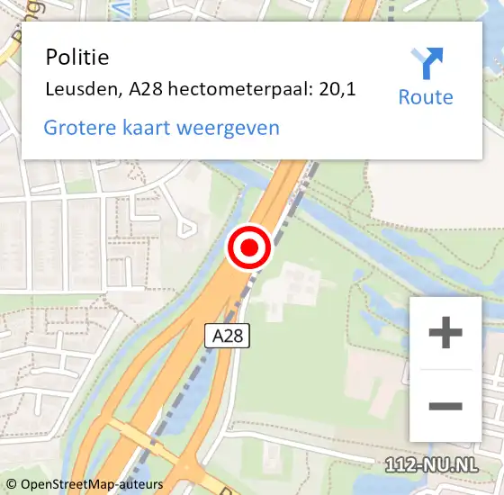 Locatie op kaart van de 112 melding: Politie Leusden, A28 hectometerpaal: 20,1 op 1 oktober 2024 07:47