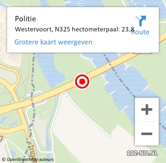 Locatie op kaart van de 112 melding: Politie Westervoort, N325 hectometerpaal: 23,8 op 1 oktober 2024 08:07