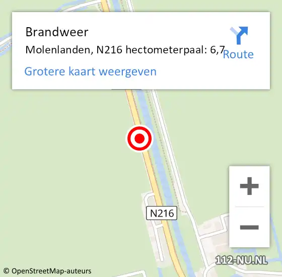 Locatie op kaart van de 112 melding: Brandweer Molenlanden, N216 hectometerpaal: 6,7 op 1 oktober 2024 08:18